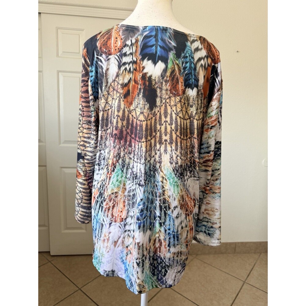 Cactus Women's L Feather Print Tunic Top Long Sleeve Rhinestone Boho Blouse - Picture 3 of 15